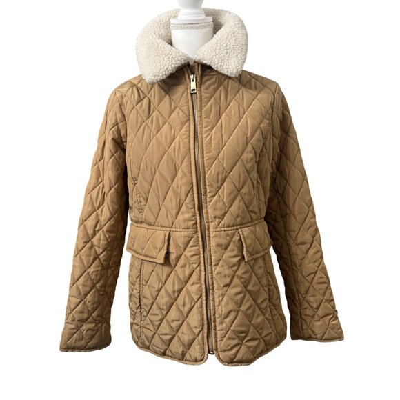Michael Kors Tan Quilted Jacket W/ Sherpa Collar Zip Closure Womens Size M - Picture 1 of 16
